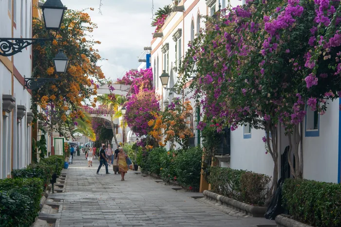 Floral street with bougainvillea in a Canary Islands town